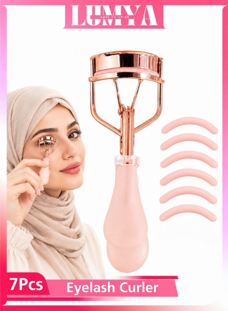 LUMYA Stainless Steel Eyelash Curler with 6 Pink Refill Pads, Pain Free Lash Curler with Silicone Handle, Ergonomic Design, Fits All Eye Shapes & Sizes, Portable Lash Curler for Women (Pink) - Image 1