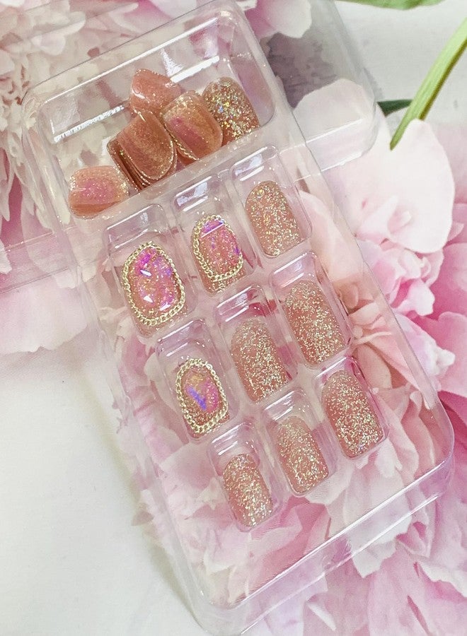 Vezocim Press on Nails Short Square 24Pcs Glitter Press on Nails Coffin with Chains Gems Designs Glossy Full Cover Acrylic Short False Nails Glue Fingernails Artificial Fake Nails for Women Girls - Image 5