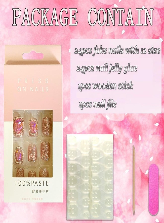 Vezocim Press on Nails Short Square 24Pcs Glitter Press on Nails Coffin with Chains Gems Designs Glossy Full Cover Acrylic Short False Nails Glue Fingernails Artificial Fake Nails for Women Girls - Image 4