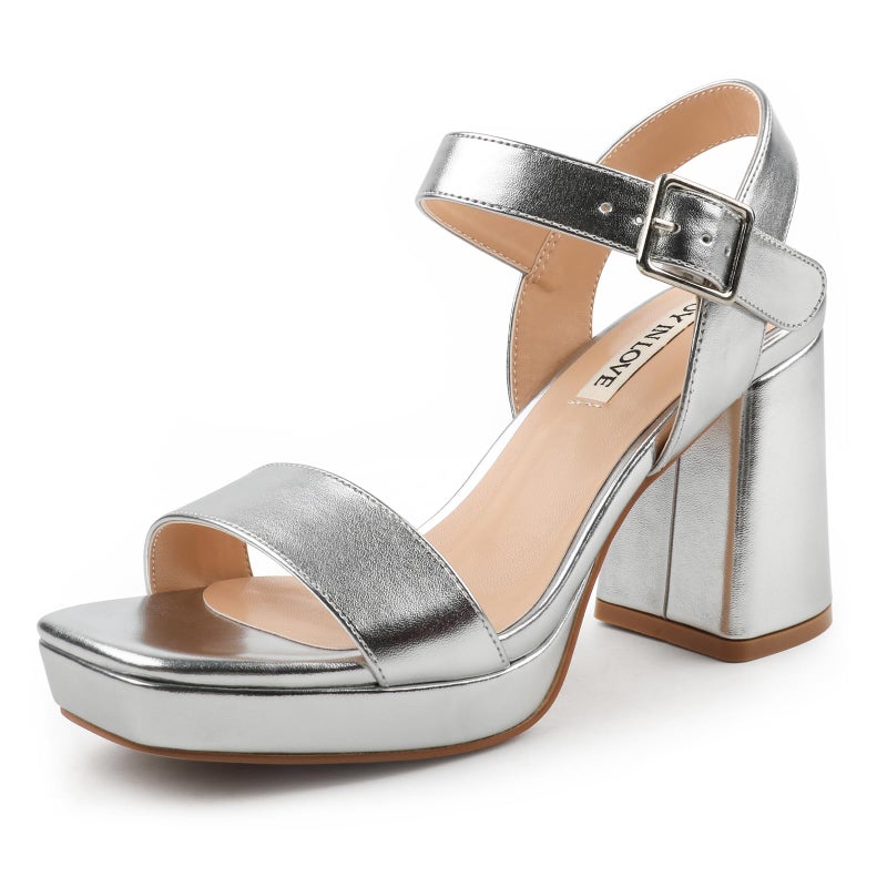 JOY IN LOVE Women's Chunky Platform High Heels Ankle Strap Block Heel Sandals Silver Matte US8.5 - Image 1