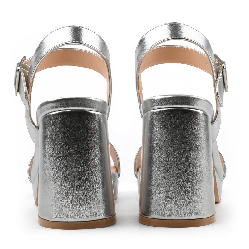 JOY IN LOVE Women's Chunky Platform High Heels Ankle Strap Block Heel Sandals Silver Matte US8.5 - Image 4