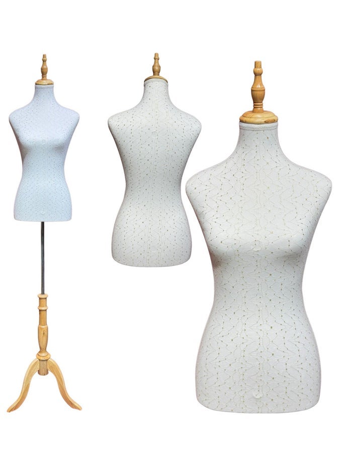 180CM FEMALE MANNEQUIN TORSO WOMEN DRESS FORMS, ADJUSTABLE FEMALE MANIKIN DRESS MODEL DISPLAY TORSO BODY WOODEN TRIPOD STAND, PINNABLE SEWING CLOTHES DISPLAY HALF MANNEQUINS EASY TO ASSEMBLE