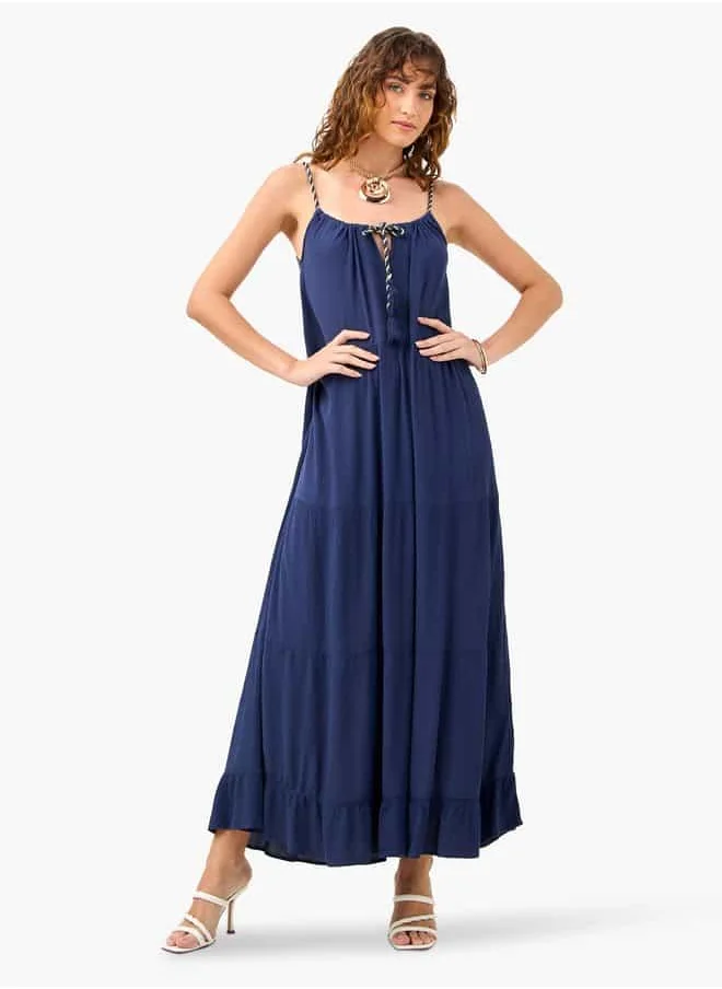 فاف Tiered Maxi Sleeveless Dress with Tie-Up Neck