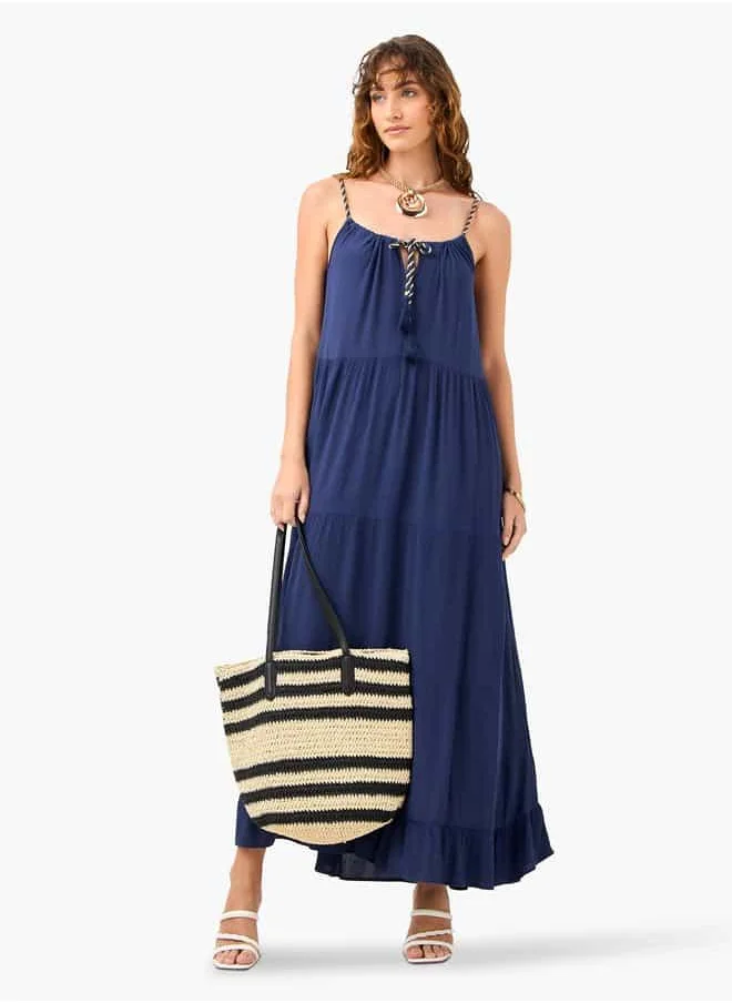 فاف Tiered Maxi Sleeveless Dress with Tie-Up Neck