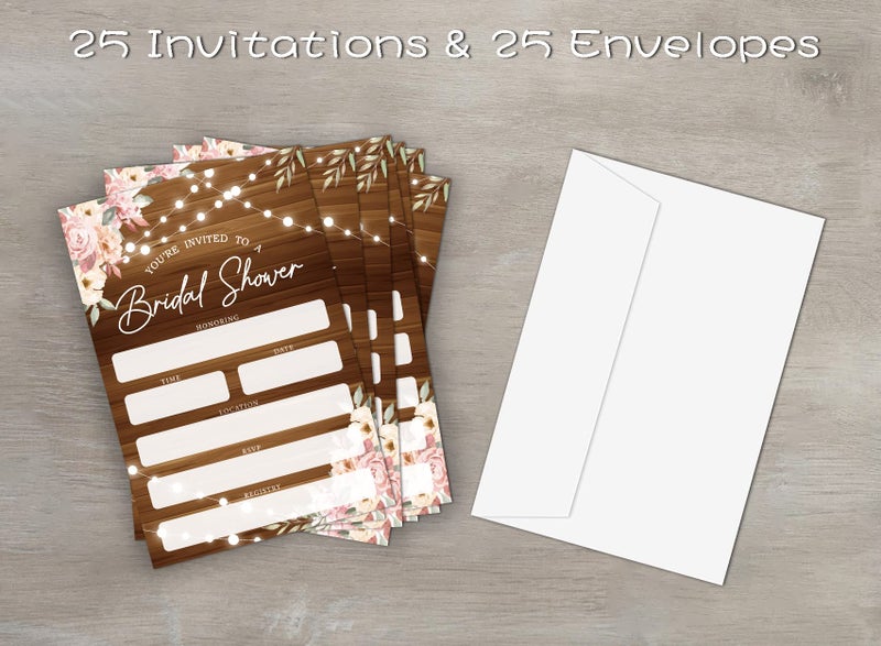 Huastatewolf Bridal Shower Invitations, Rustic Wood Pink Floral Wedding Shower Invites For Bridal Shower, Engagement Party, Wedding Party, 25 Invitations Cards and Envelopes (yqk01) - Image 2