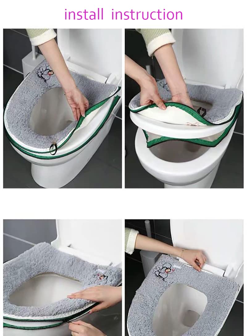 CIZZ Warm Plush Washable Thicken Toilet Seat Cover Pads Mat with Handle and Zipper (Gray) - Image 3