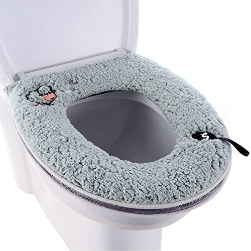 CIZZ Warm Plush Washable Thicken Toilet Seat Cover Pads Mat with Handle and Zipper (Gray) - Image 1