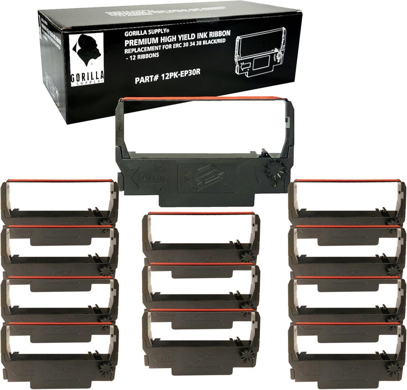 Gorilla Supply Compatible Ink Ribbon Replacement for ERC 30 34 38 B/R ERC38 NK506, Compatible for POS Receipt Printers, Sealed Individual Pack, 12-Packs (Black/Red) - Image 1