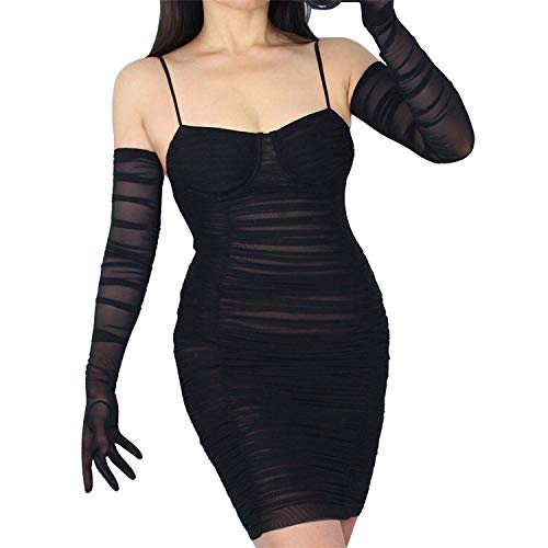 DooWay Women's Tulle Super Long Gloves Black Stretchy Lace Mesh Semi Sheer Ruched TECH Touchscreen Opera Halloween Evening Gloves - Image 1