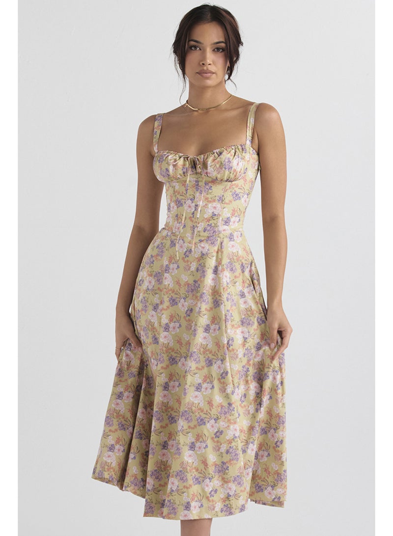 SCACTO Floral Print Bustier Top Lace Up Split Midi Dress 