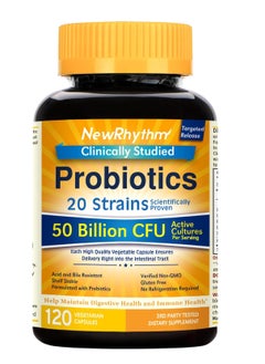 NewRhythm Probiotics 50 Billion CFU 20 Strains, 120 Veggie Capsules, Targeted Release Technology, Stomach Acid Resistant, No Need for Refrigeration, Pack of 1, Non-GMO, Gluten Free  - Image 1