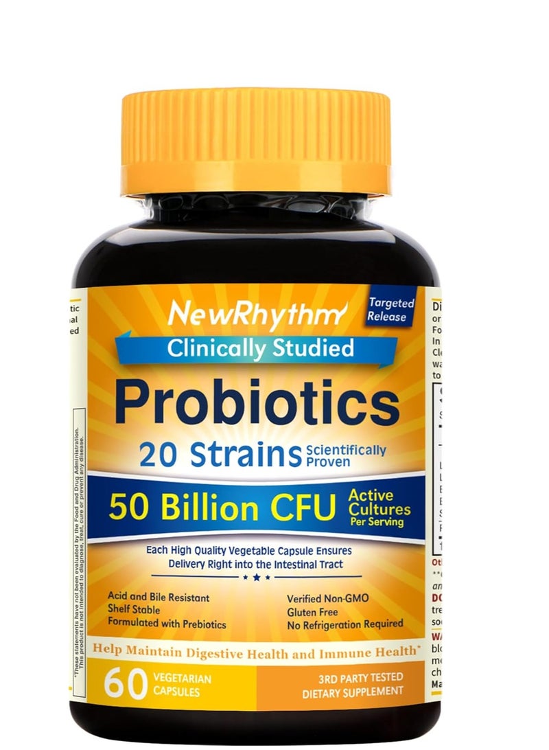 NewRhythm Probiotics 50 Billion CFU 20 Strains, 60 Veggie Capsules  - Image 1