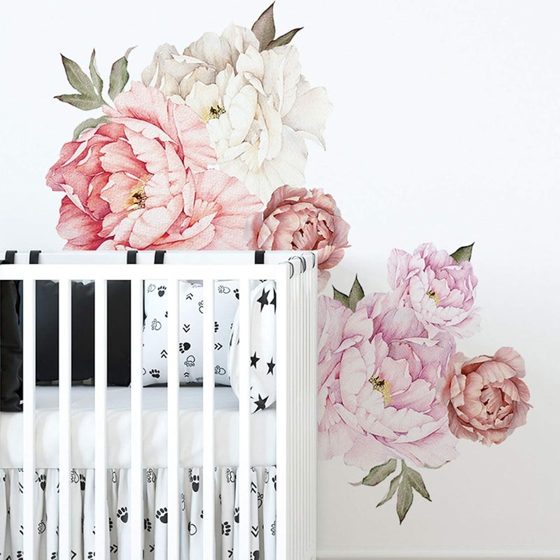 iinuu Large Floral Wall Sticker Set,Peonies Wall Decals,Pink White Flowers for Living Room Nursery Dining Space - Image 2
