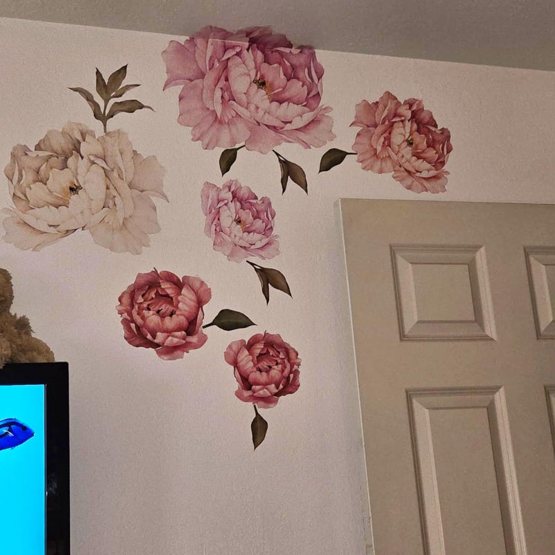 iinuu Large Floral Wall Sticker Set,Peonies Wall Decals,Pink White Flowers for Living Room Nursery Dining Space - Image 5