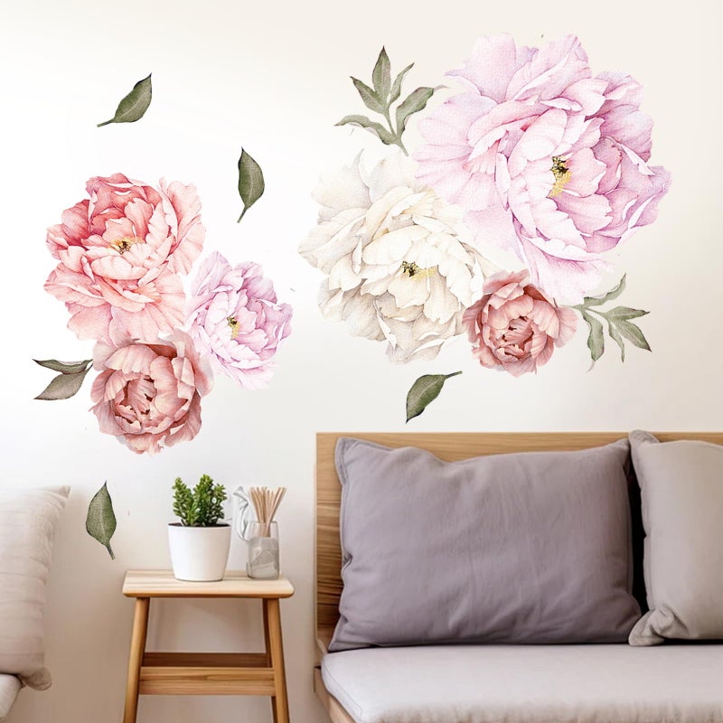 iinuu Large Floral Wall Sticker Set,Peonies Wall Decals,Pink White Flowers for Living Room Nursery Dining Space - Image 1