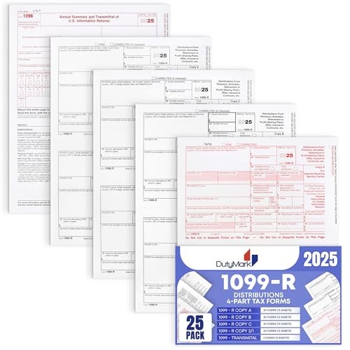 Dutymark 1099-R Tax Forms 2025 (distributions) 25 Sets of 4-Part, Laser Forms, Federal and State Copies (2 Forms on a Sheet) with 3 1096 Transmittals, 2025 - Image 1