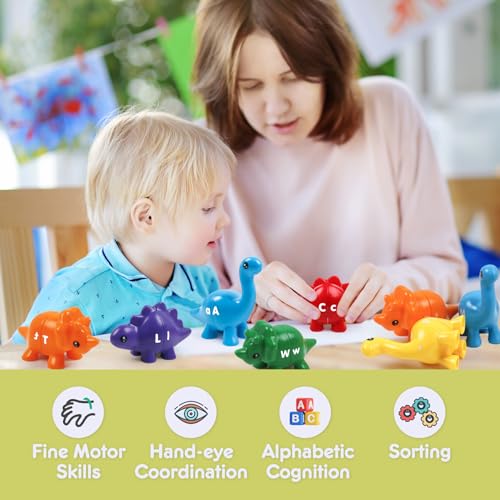 GKDOMS 26 PCS Alphabet Dinosaurs Matching Toy Toddlers ABC Learning Dinosaurs with Uppercase Lowercase Match and Snap Fine Motor Game Preschool Learning Activities Thank You Valentines Gifts for Kids - Image 5