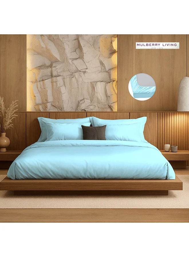 MULBERRY LIVING Silken Berry Art Silk Satin - 300 TC King Fitted Bedsheet Set - 1 Sheet 180x200x30 cm / 2 Pillow Covers: 50x75 cm - Light Blue
