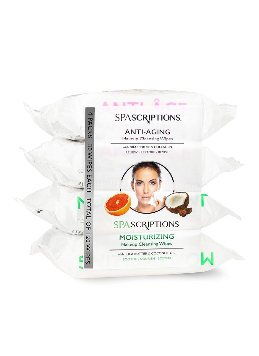 Global Beauty Care - Spascriptions Cleansing Makeup Removal Wipes Bulk  Great for travel toiletries  120 Count 4Pack AntiAgingMoisturizing - Image 1