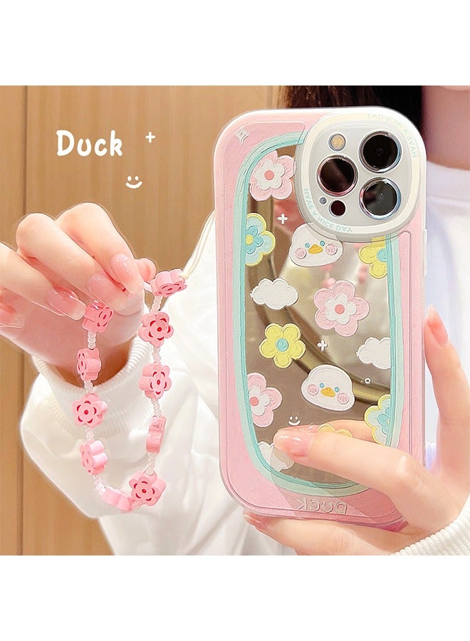 iPhone 14 Pro Mirror Case Cover with Lovely Cartoon pattern Protective Anti-scratch Anti-fingerprint Anti-lose Lanyard Wrist Strap Cover for Outdoor Makeup for Girl Women - Image 1