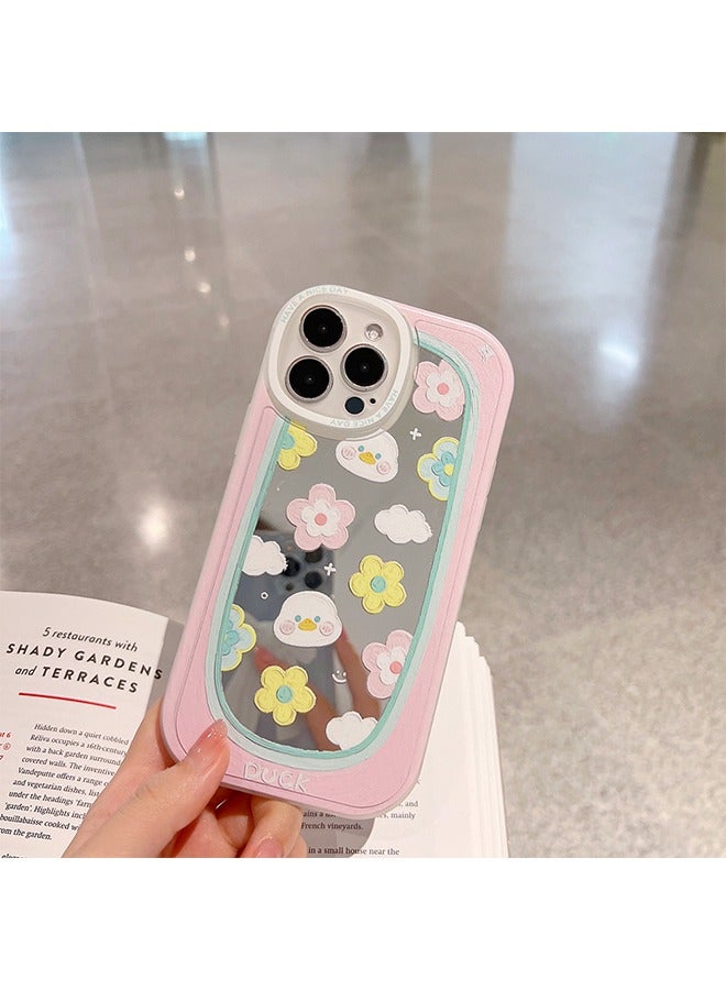 iPhone 14 Pro Mirror Case Cover with Lovely Cartoon pattern Protective Anti-scratch Anti-fingerprint Anti-lose Lanyard Wrist Strap Cover for Outdoor Makeup for Girl Women - Image 2