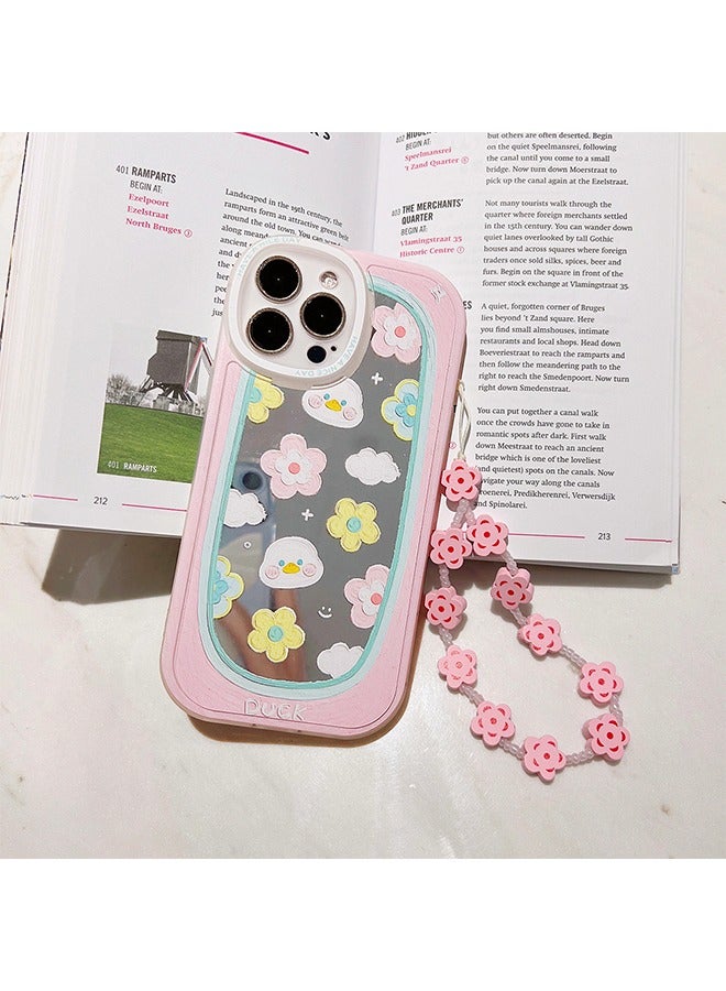 iPhone 14 Pro Mirror Case Cover with Lovely Cartoon pattern Protective Anti-scratch Anti-fingerprint Anti-lose Lanyard Wrist Strap Cover for Outdoor Makeup for Girl Women - Image 4