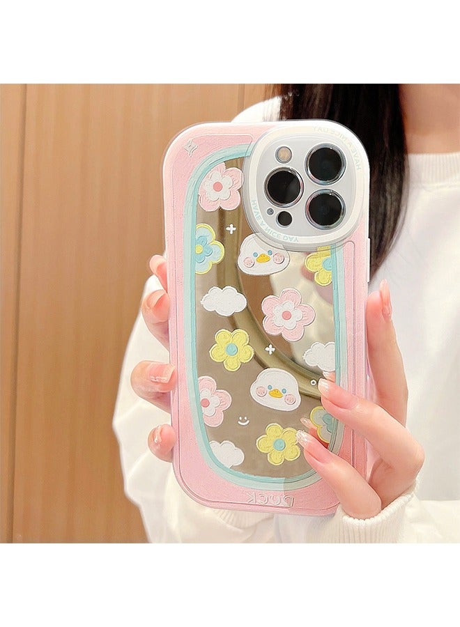 iPhone 14 Pro Mirror Case Cover with Lovely Cartoon pattern Protective Anti-scratch Anti-fingerprint Anti-lose Lanyard Wrist Strap Cover for Outdoor Makeup for Girl Women - Image 3