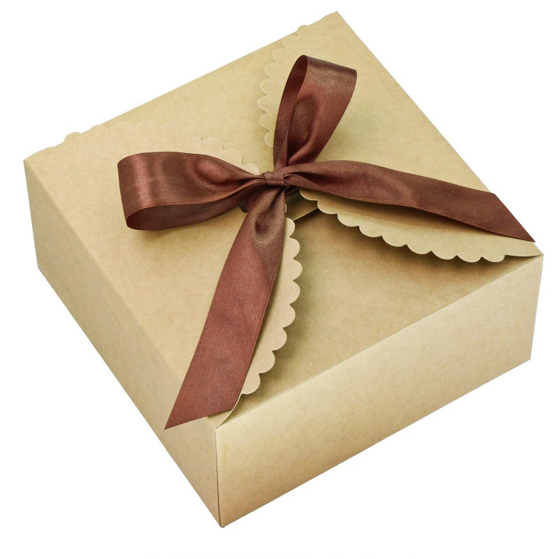 WEWILUCK 8"x 8"x 4" Kraft Gift Box with Lids and Ribbons, 6 Pack Foldable Brown Paper Cardboard Boxes for Gifts Wrapping, Bridesmaid Proposal Wedding Birthday Christmas Party Favor, Reusable, Bulk - Image 1