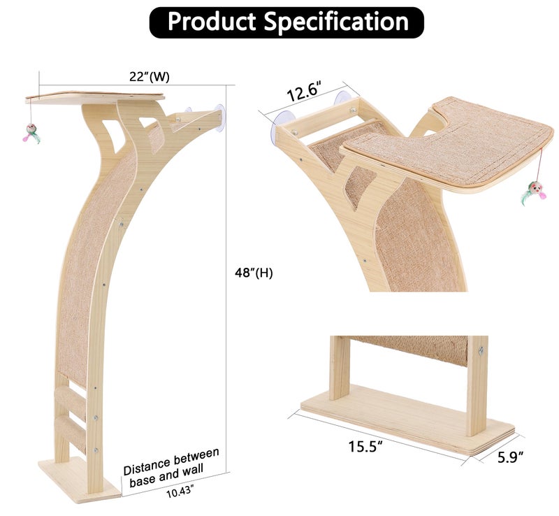 Caloreduce Cat Window Perch with Scratcher Ramp, 48" Climbing Tree Suctions Cups to Window Maximum Hold Up to 45lb, Wood Kitty Bed for Small Window (Drilling-Free) - Image 1