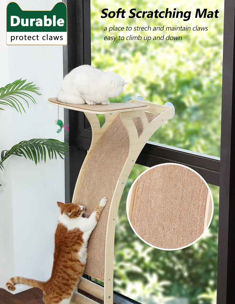 Caloreduce Cat Window Perch with Scratcher Ramp, 48" Climbing Tree Suctions Cups to Window Maximum Hold Up to 45lb, Wood Kitty Bed for Small Window (Drilling-Free) - Image 5