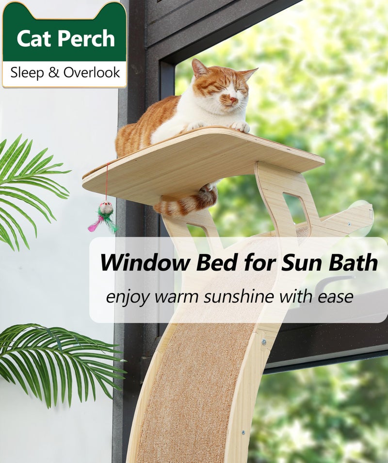 Caloreduce Cat Window Perch with Scratcher Ramp, 48" Climbing Tree Suctions Cups to Window Maximum Hold Up to 45lb, Wood Kitty Bed for Small Window (Drilling-Free) - Image 3