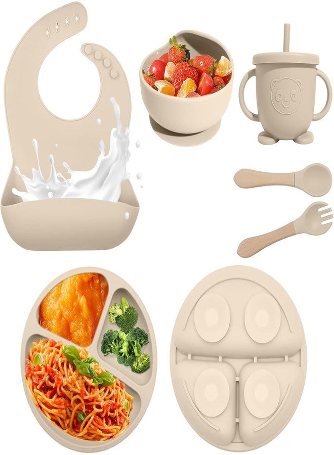 GYAN ECOM GADGETS Silicone Baby Feeding Set Baby Led Weaning Supplies with Suction Bowls, Divided Plates, Adjustable Silicone Bib, Baby Utensils Spoon & Fork, Training Cup Self-Feeding Essentials (6, Beige) - Image 1
