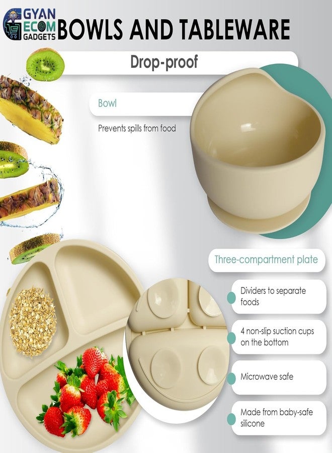 GYAN ECOM GADGETS Silicone Baby Feeding Set Baby Led Weaning Supplies with Suction Bowls, Divided Plates, Adjustable Silicone Bib, Baby Utensils Spoon & Fork, Training Cup Self-Feeding Essentials (6, Beige) - Image 2