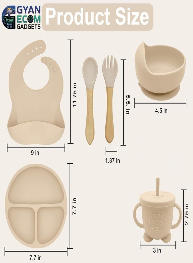 GYAN ECOM GADGETS Silicone Baby Feeding Set Baby Led Weaning Supplies with Suction Bowls, Divided Plates, Adjustable Silicone Bib, Baby Utensils Spoon & Fork, Training Cup Self-Feeding Essentials (6, Beige) - Image 4