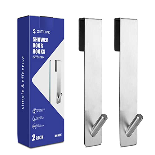 Simtive Extended (7-Inch) Over Door Hooks for Bathroom Frameless Glass Shower Door, Towel Hooks, 2-Pack, Silver - Image 1