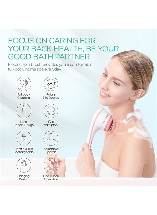 VOYOR Electric Body Brush Back Scrubber for Shower Rechargeable Exfoliating Bath Brush Powered Shower Brush with Non-Slip Long Handle Deep Cleansing, Exfoliation, Massaging Spin Brush BC100 (Pink) - Image 2