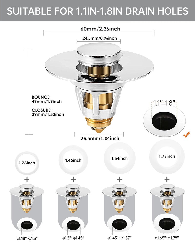 Fransiton Bathroom Sink Stopper, 1.1-1.77 Inch Basin Pop Up Sink Drain Stopper, Anti Clogging Drain Plug with Detachable Hair Catcher, Chrome - Image 2