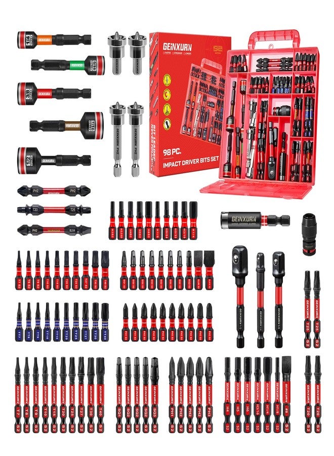 Geinxurn 98Pieces 1”/2” Impact Screwdriver Bits Set, Magnetic S2 Steel (Phillips/Slotted/Square/Torx/Hex/Security Torx) Driver Bits Tips,Impact Bit Holder and Nut Driver with Red Storage Box Case - Image 1