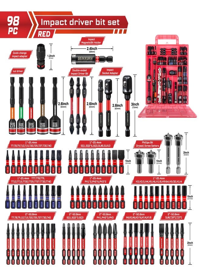 Geinxurn 98Pieces 1”/2” Impact Screwdriver Bits Set, Magnetic S2 Steel (Phillips/Slotted/Square/Torx/Hex/Security Torx) Driver Bits Tips,Impact Bit Holder and Nut Driver with Red Storage Box Case - Image 2