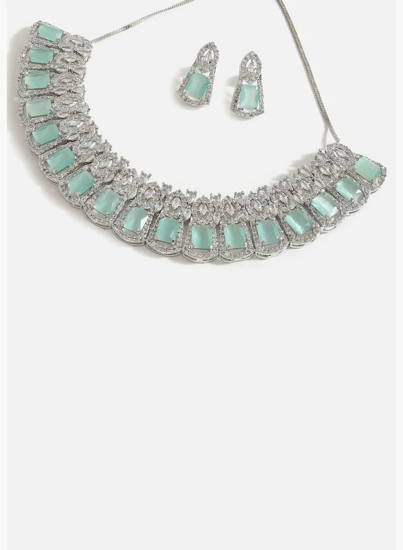 SOHI Silver Plated American Diamond and Designer Stone Party Necklace and Earring Set For Women