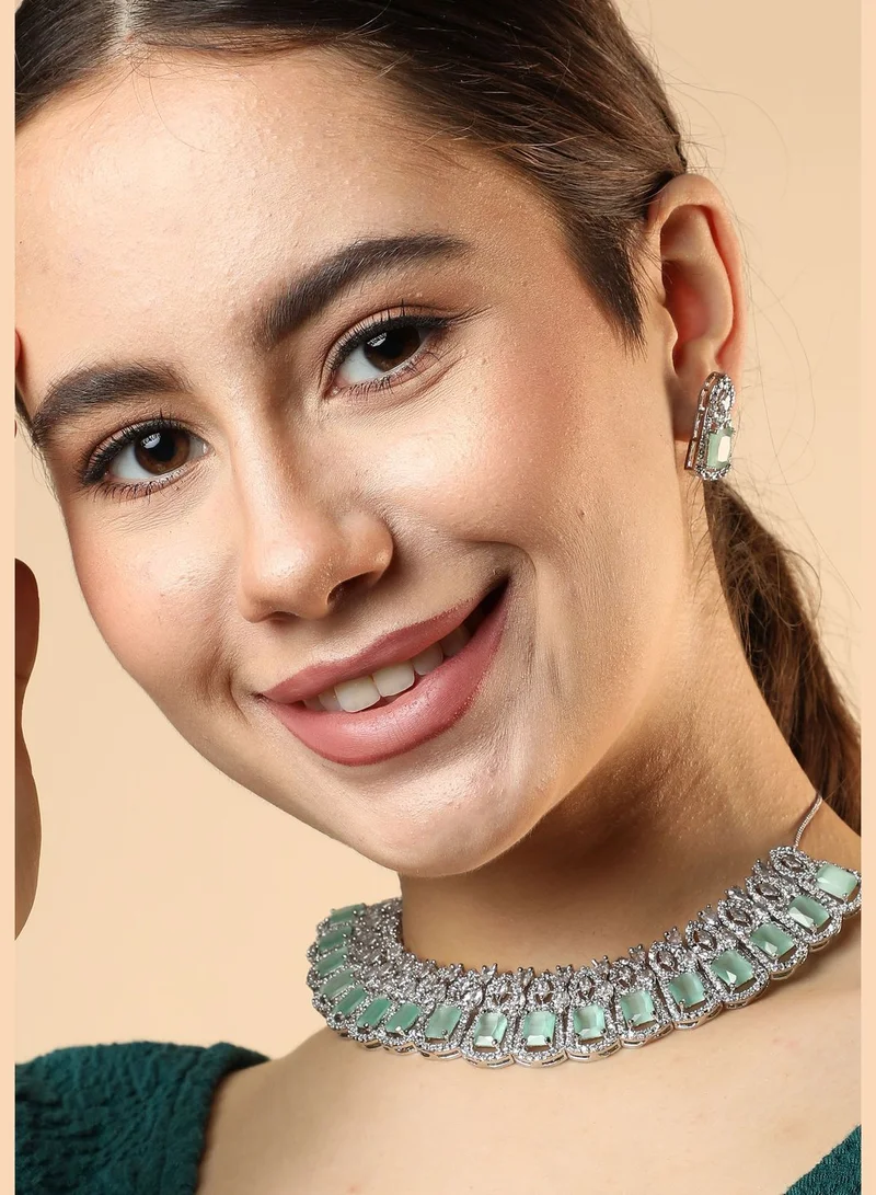 SOHI Silver Plated American Diamond and Designer Stone Party Necklace and Earring Set For Women