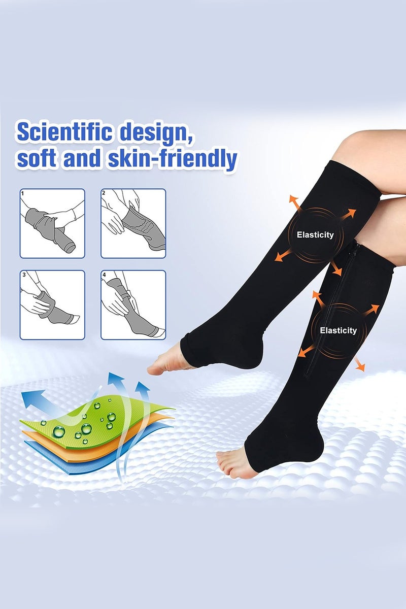 متجر الفرح زوجان من الجوارب الضاغطة بسحاب للنساء والرجال حتى الركبة بارتفاع 15-20 مم زئبقي، جوارب ضغط مفتوحة الأصابع مناسبة للمشي - Image 4