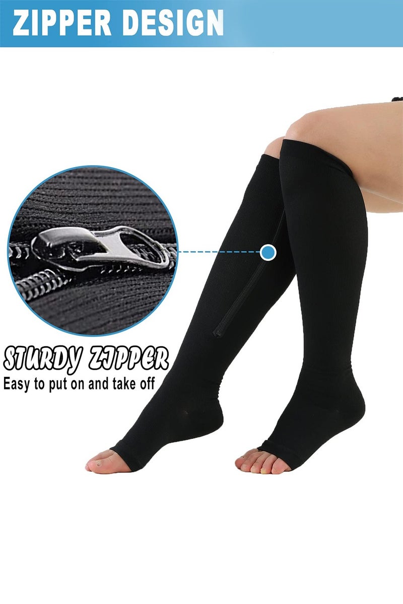 متجر الفرح زوجان من الجوارب الضاغطة بسحاب للنساء والرجال حتى الركبة بارتفاع 15-20 مم زئبقي، جوارب ضغط مفتوحة الأصابع مناسبة للمشي - Image 5