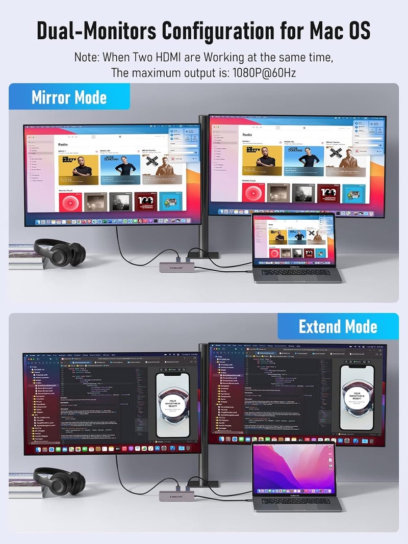 Lemorele محطة إرساء USB C - مركز شحن وشاشة مزدوجة مع 4xUSB، بيانات USB-C، 100W PD، فتحة SD/TF لأجهزة ويندوز - Image 3