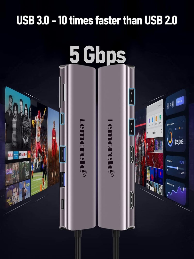 Lemorele محطة إرساء USB C - مركز شحن وشاشة مزدوجة مع 4xUSB، بيانات USB-C، 100W PD، فتحة SD/TF لأجهزة ويندوز - Image 4