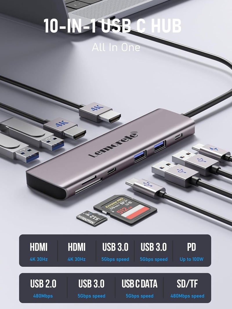 Lemorele محطة إرساء USB C - مركز شحن وشاشة مزدوجة مع 4xUSB، بيانات USB-C، 100W PD، فتحة SD/TF لأجهزة ويندوز - Image 2