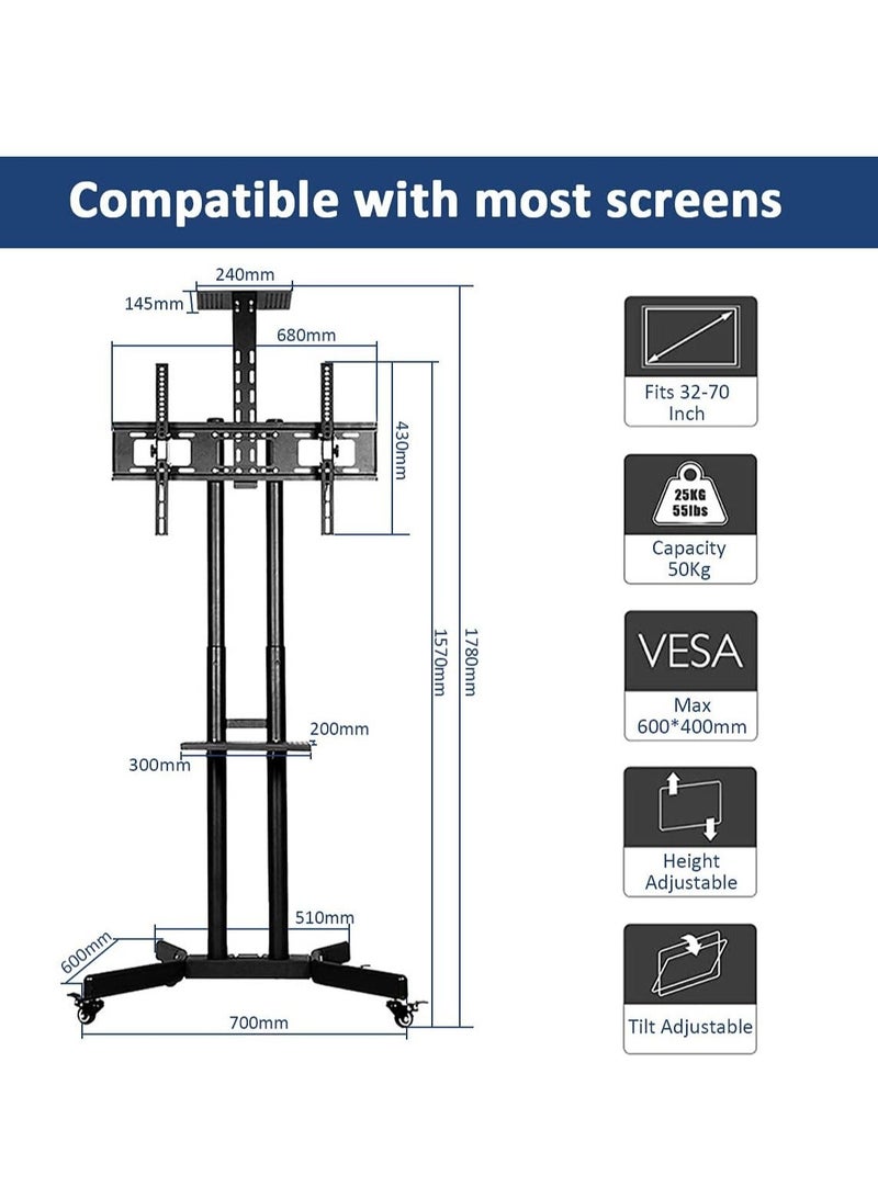 Mobile TV Stand Rolling TV Cart Floor TV Stand Trolley for 32” to 70” LCD LED Flat Curved Screen Tilt Height Adjustable TV Stand Mounted with Wheels 2 Media Shelves Cable Management - Image 2
