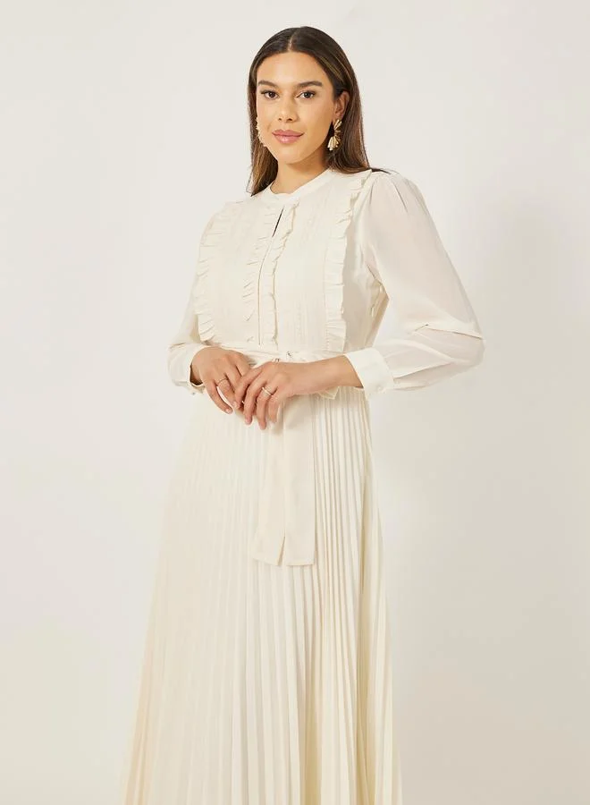 Styli Pleated Ruffle Detail A-Line Maxi Dress