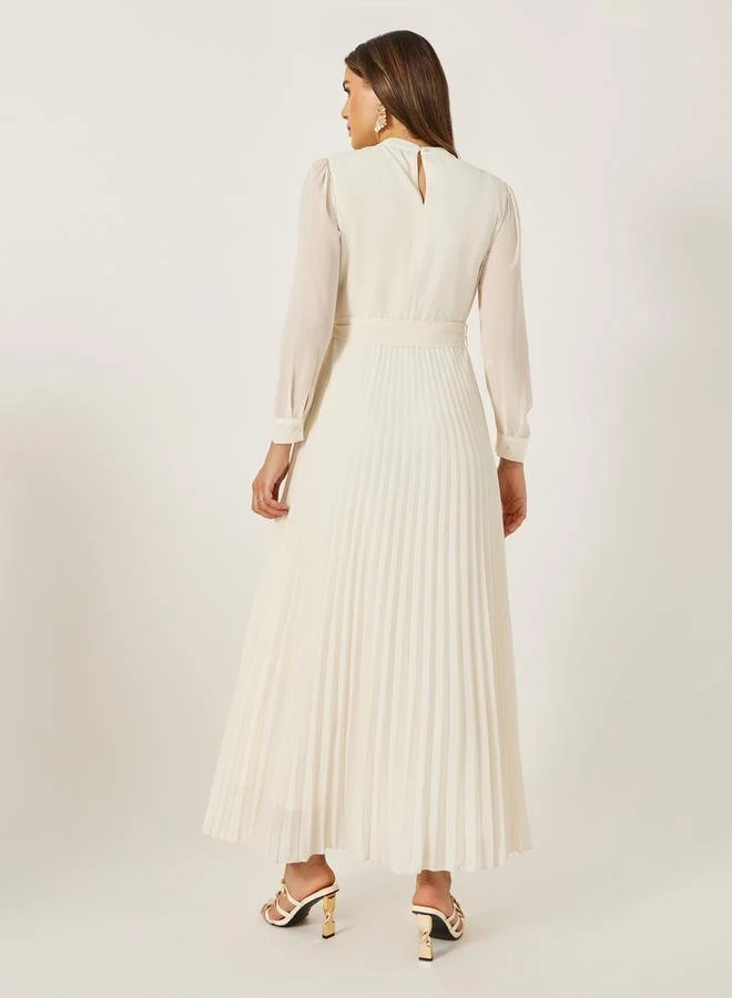 Styli Pleated Ruffle Detail A-Line Maxi Dress