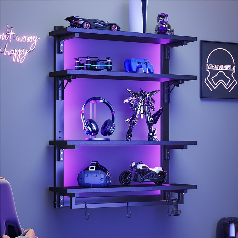 kepptory 24" Foldable Gaming Floating Shelves with LED Lights, 4 Tier Display Rack with Adjustable Shelf, Wall Mounted Shelf with Hanging Rod and 8 S-Hooks for Gaming Room, Black - Image 1